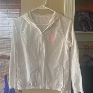 Champion White Zip Hoodie with Pink Logo